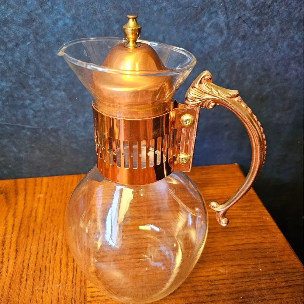 Vintage Glass Carafe with Copper Metal Collar and Ornate Scroll Handle 9.5in
